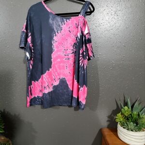 Pink and Black Tie-Dye Women's Cold Shoulder Top